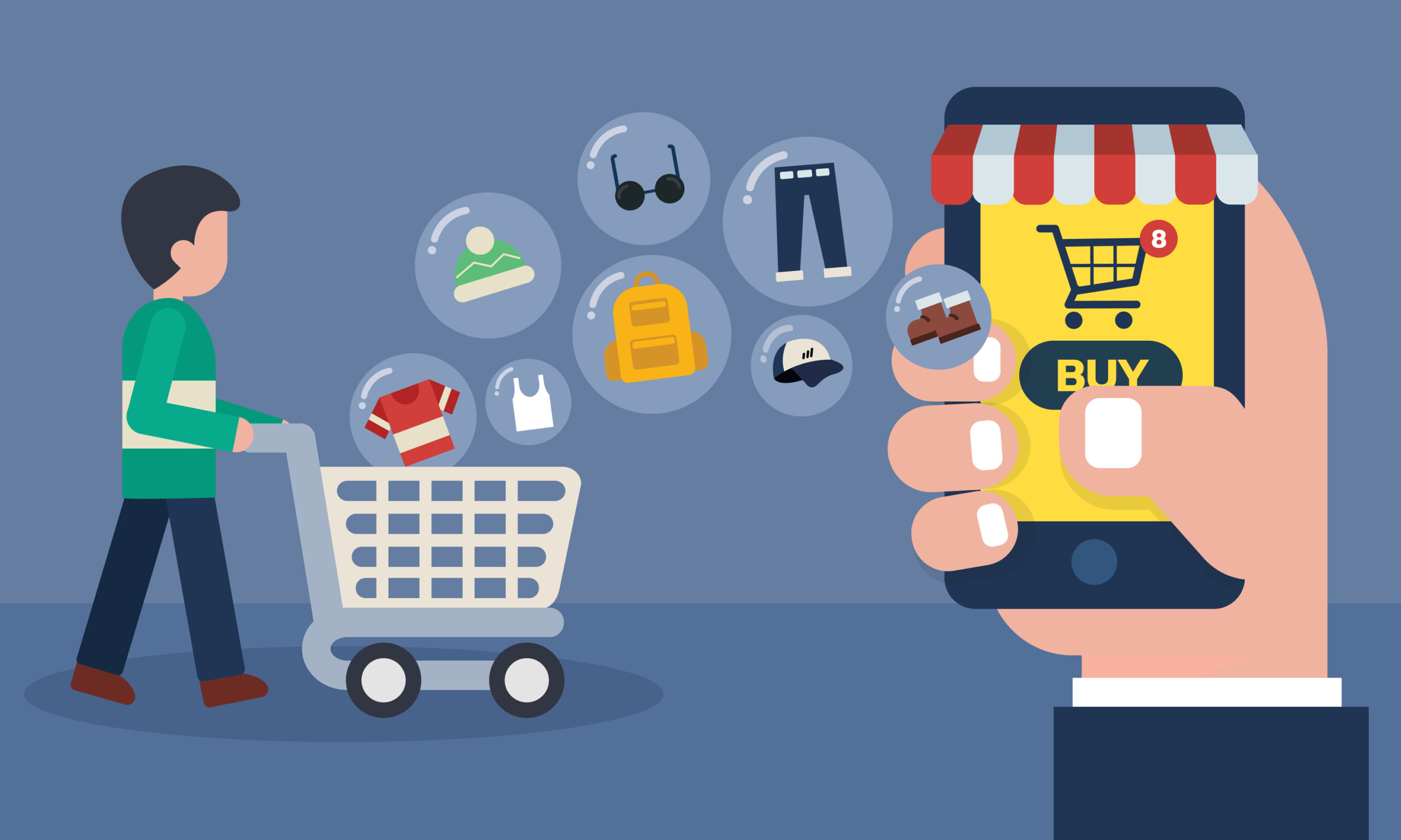 Mobile Online Store Concept . Shopping Online With Goods Icons T